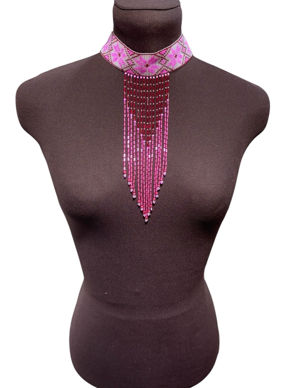 Handmade Beaded Choker Necklace Pink Red White Fringe Boho Statement Jewelry